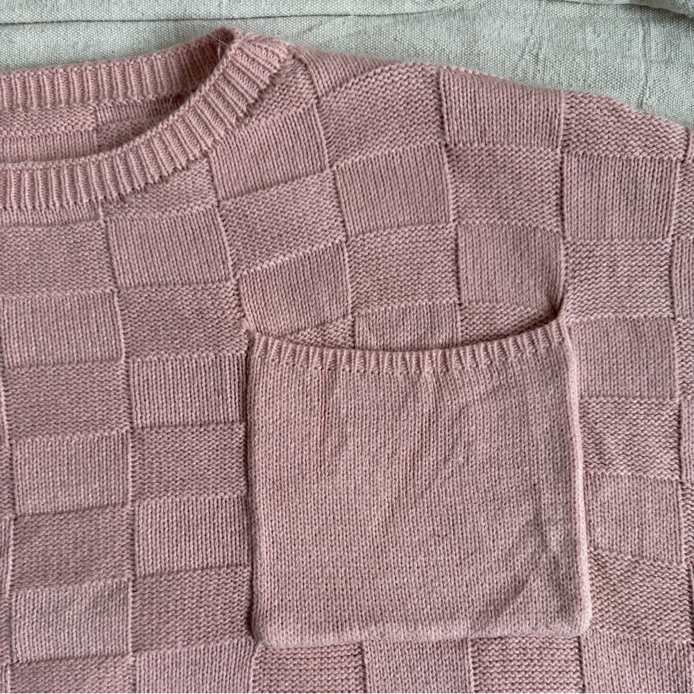 Pink 4XL Basket Weave Texture Checkerboard Knit Short Sleeve Boxy Sweater Boho - Picture 5 of 8